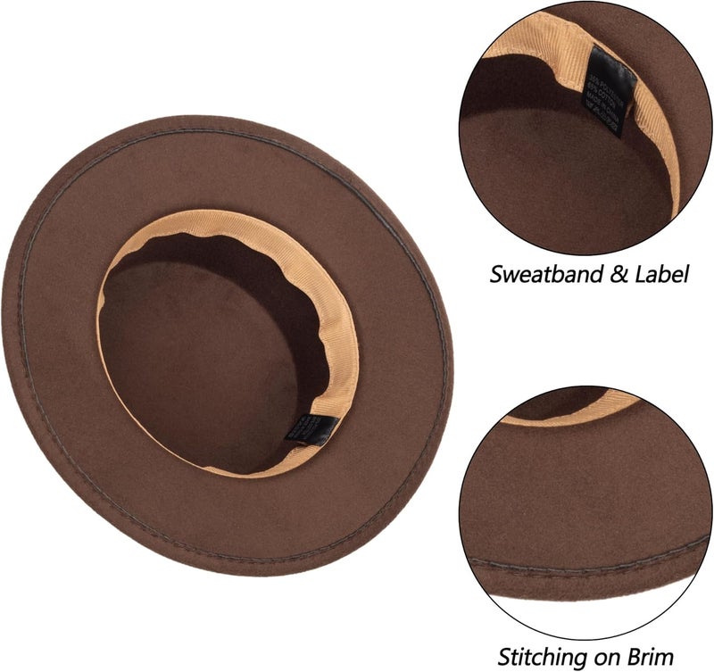 Mawjom Wide-Brim-Felt-Panama-Fedora-Hat with Flat-Top-Pork-Pie Cap for Women Men (Size:M) - Image 4
